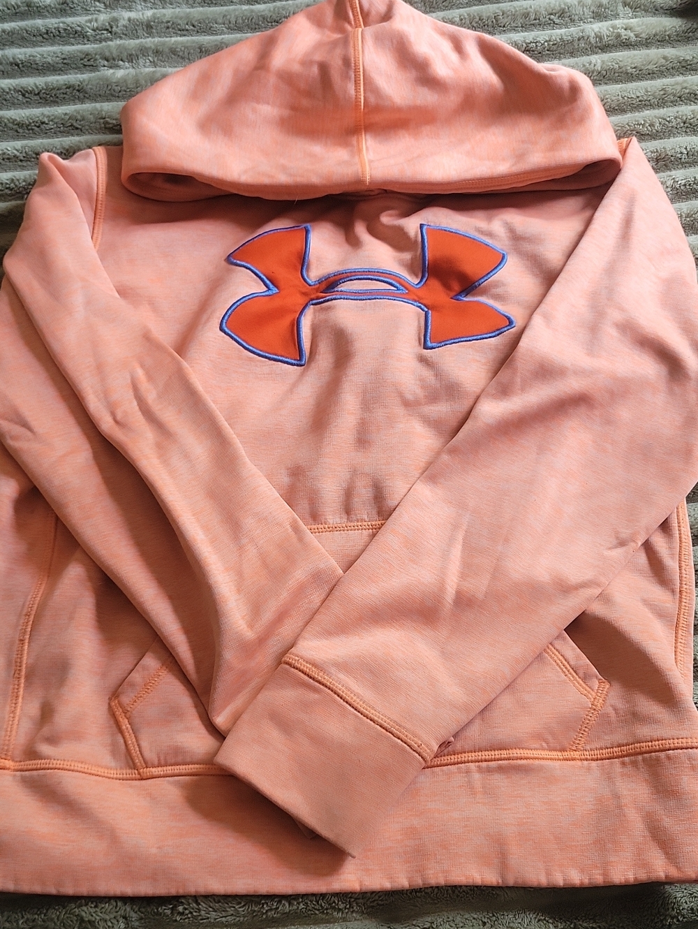 Under Armour Peach Hoodie with Orange Logo and Blue Trim